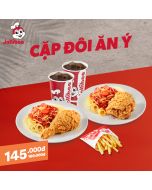 Combo Cặp đôi ăn ý 145k (2 Gà Giòn Vui Vẻ + 2 Mỳ Ý Sốt Bò Bằm + 1 Khoai vừa + 2 Nước ngọt)